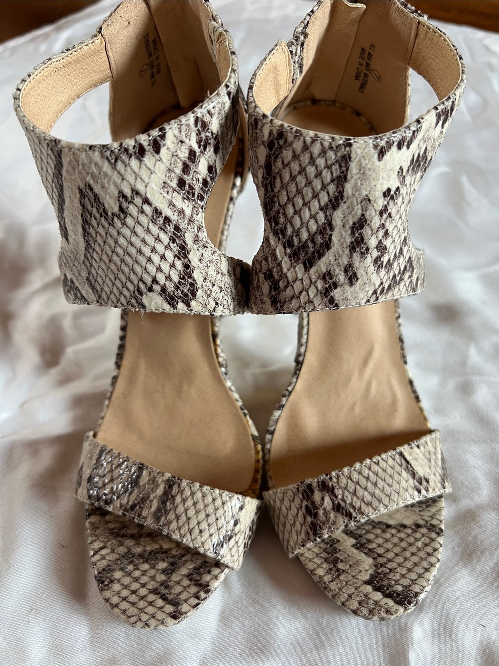 Liliana Snake-Print Ankle Cuff Open-Toe Heels in Beige and Black